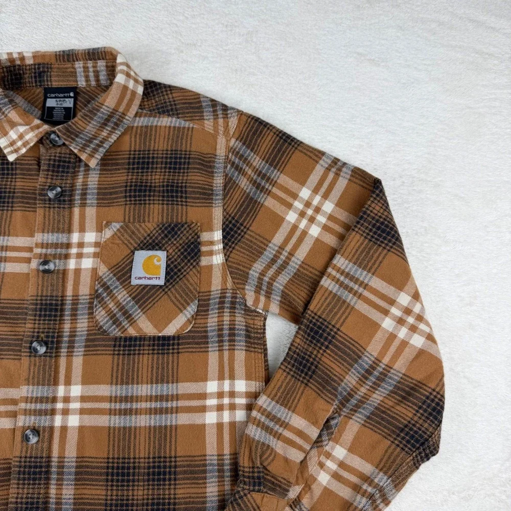 Carhartt Kids Brown Plaid Flannel Long Sleeve‎ Button Up Shirt Size S  (8-10)